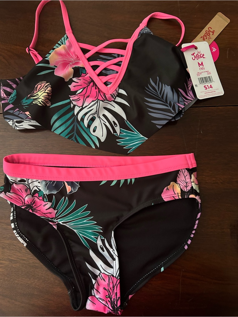 Justice Girls Tropical Floral Bikini Set in Pink & Black
